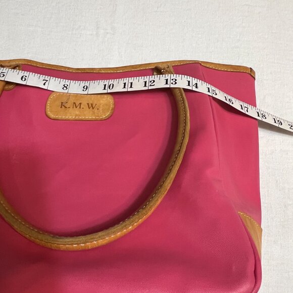 Jon Hart Design Tote Bag Pink Tan Leather Trim Monogram K.M.W. Personalized USA - Picture 10 of 11